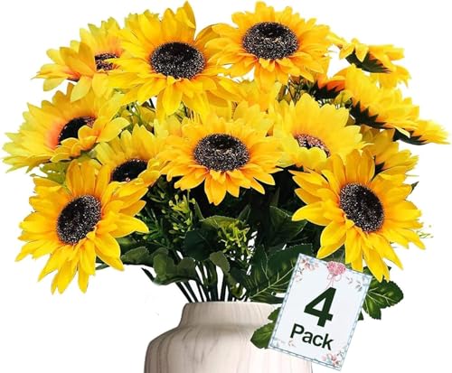 TURNMEON 28Pcs Sunflowers Artificial Flowers for Outdoors Spring Decor, 4 Pack Fake Flowers Silk Faux Sunflower Bouquet Ar...