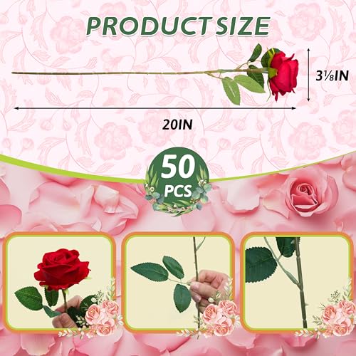 Jefuzh 50 PCS Fake Red Roses, Artificial Red Flowers Bulk Realistic Silk Faux Rose with Stems for Wedding Decoration Anniv...