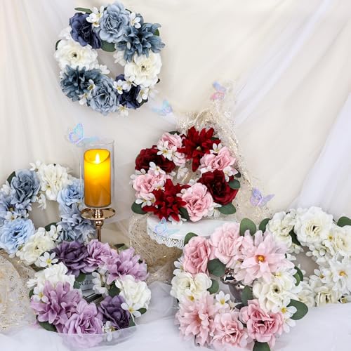 DIYDOFUN Artificial Flower Candle Rings - 6 Inch Inner Rose Floral Wreaths with Butterflies for Wedding Bridal Event Table...
