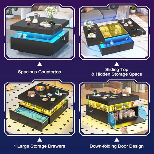 31.5" Square Coffee Table with Sliding Top and Charging Station, Black Coffee Tables with LED Lights and Storage Drawer fo...