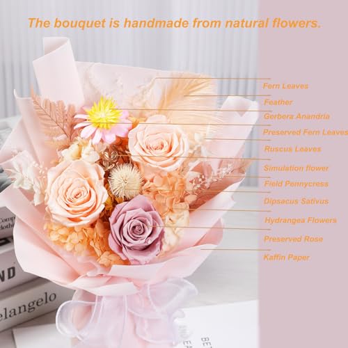 Lovenfold Preserved Flowers Bouquets for Delivery, Champagne Rose Bouquets that Last 1-3 Years, Birthday Gifts for Women M...