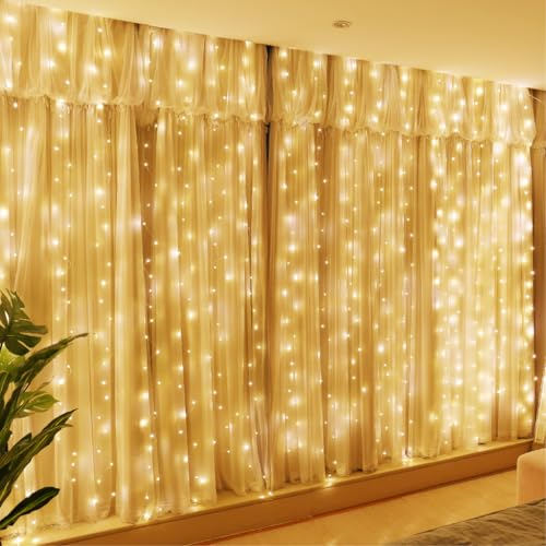 HXWEIYE 300LED Fairy Curtain Lights, 9.8x9.8Ft USB Plug-in 8 Modes Christmas String Hanging Lights with Remote for Bedroom...
