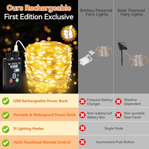 Lakumu 2-in-1 Rechargeable Fairy Lights Battery Operated, 66FT(2×33) Twinkle Lights with Remote & Timer, 200 LED String Li...
