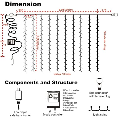 WATERGLIDE 300 LED Curtain Lights, Remote Control Christmas Decorative Hanging String Lights, 8 Lighting Mode, Plug in for...