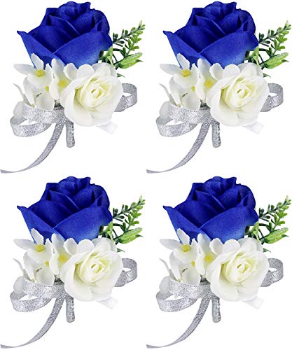 ChezMax Rose Boutonniere Handmade Flower Artificial Corsage with Clip and Ribbon 4 PCS for Bride Groom Wedding Prom Party