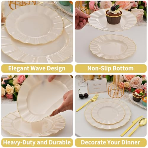 ISFANGCO 102Pcs Ivory White Plastic Plates with Gold Trim, Heavy Duty Wedding Plates, Elegant Disposable Plate Sets includ...