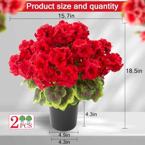 lovemoon 2Set Geranium Potted Artificial Flowers,Fake Geranium Plants for Outdoor Home Décor Office Tables Porch Garden De...