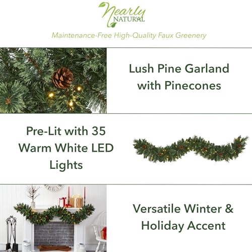 Nearly Natural 6ft White Mountain Pine Artificial Garland with 35 Warm White LED Lights and Pinecones, Includes Battery Box