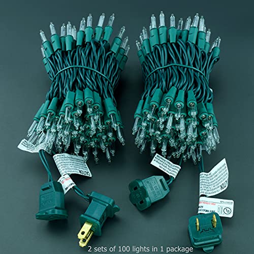 YULETIME 200 Clear Christmas Lights with Green Wire, Pack of 2 Strands of 21 ft 100 Count UL Certified Incandescent Mini S...