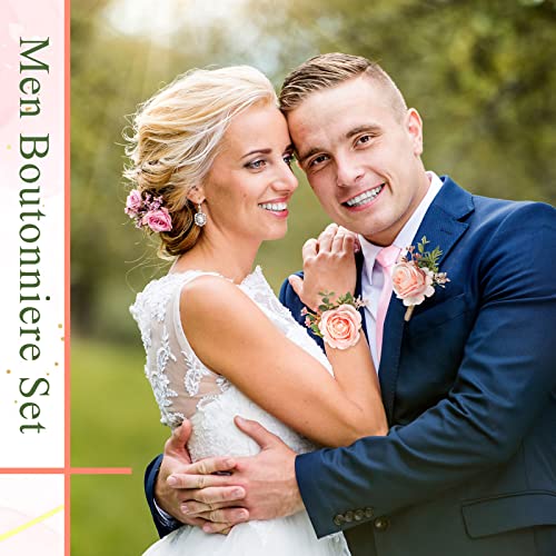 Sherr 20 Pcs Rose Wrist Corsage and Boutonniere Set Flower Wrist Corsage Wristlet Band Bracelet Bridegroom Men's Boutonnie...