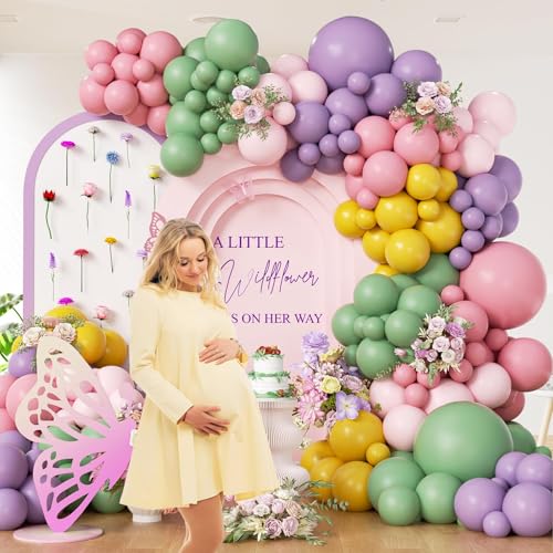 131pcs Wildflower Floral Balloon Arch Garland Kit with Purple Dusty Pink Sage Green Light Pink Mustard Yellow Latex Balloo...