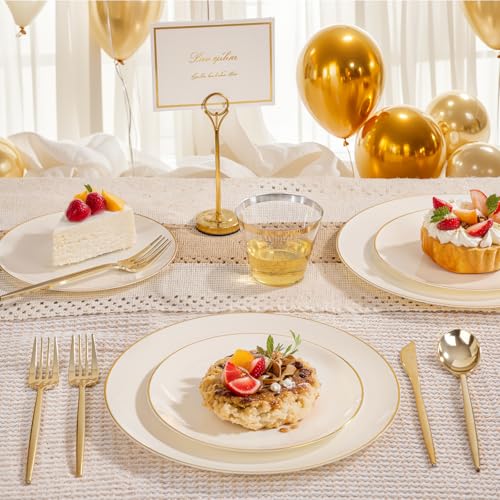 bUCLA 150PCS Ivory Plastic Plates with Gold Trim - Heavy Duty Cream Plastic Disposable for Party & Wedding - Include 25 Ea...