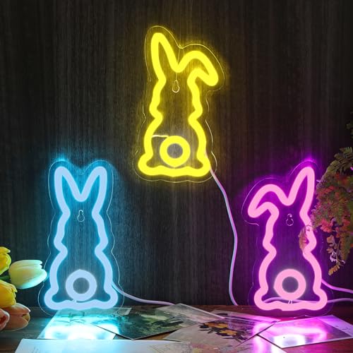 ROCEEI 3 Pcs Easter Neon Signs Bunny Rabbit Egg Neon LED Lights USB Easter Window Lights Wall Window Decor for Party Holid...