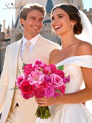 Serwalin Artificial Flowers Hot Pink Magenta Fake Silk Flowers for DIY Wedding Bridal Bouquet Cake Flowers Table Centerpie...