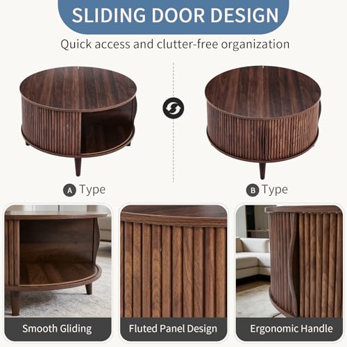 DUMOS Coffee Table, Round Coffee Tables with Storage, Fluted Center Table for Living Room, 31.69" Mid Century Modern Table...