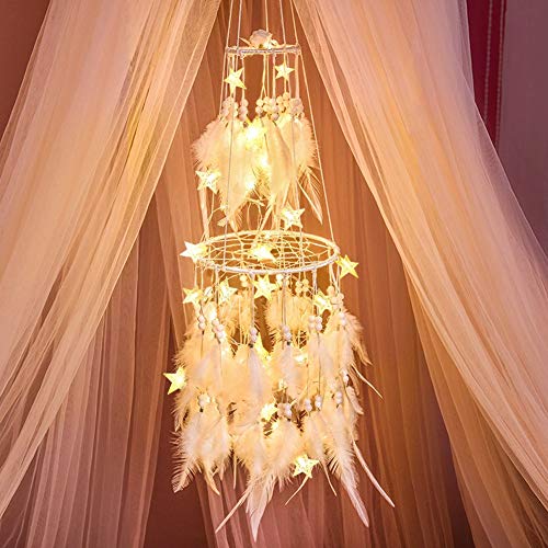 Dremisland Double Circle White Feather Dream Catcher with Mobile LED Fairy Lights Wall Hanging Ornaments Ceiling Decor for...