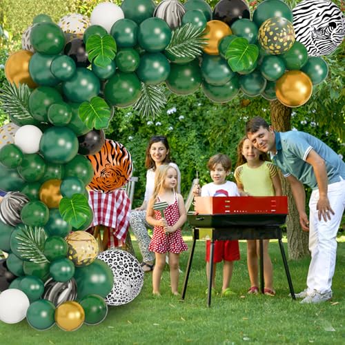 Amandir 152Pcs Jungle Safari Balloon Garland Arch Kit, Gold Dark Green Animal Balloons Artificial Tropical Palm Leaves Dec...