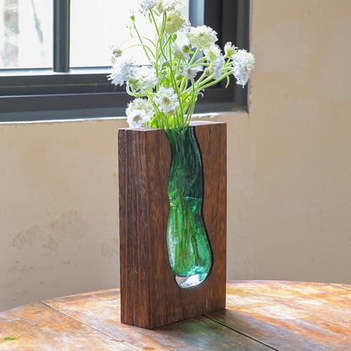 Wood and Glass Inlay Vases Farmhouse Wooden Glass Flower Vase Solid Wood Glass Vase Home Decor Vases for Centerpiece (9.45...