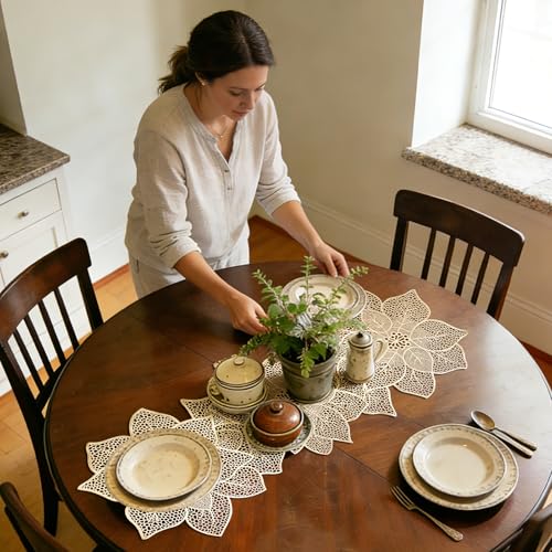 FAVE Gold Table Runners 36 Inches Heat Resistant Table Runner Flower Shaped Vinyl Table Runner Waterproof Washable Table M...
