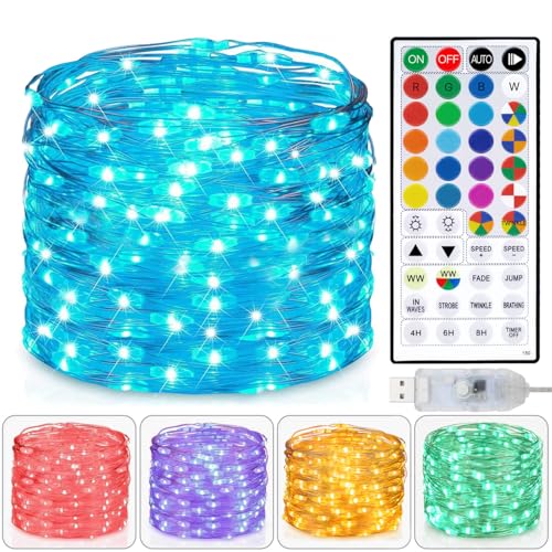 Fairy Lights USB Plug in 33ft 100LEDs with Remote, Warm White 20 Color Changing Light Twinkle Firefly String Lights for Be...