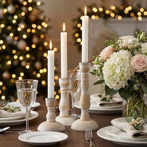 6PCS Candle Holders for Table Centerpiece, Wood Taper Candles Holder Vintage Stick Tapered Holders Rustic Wood Candle Hold...