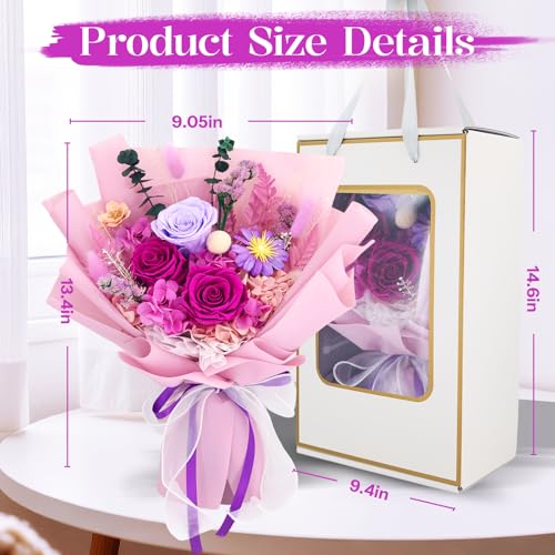 jabeick Preserved Flowers for Delivery, Purple Flowers Fresh Bouquet with Gift Box, Forever Eternal Rose for Her Mom Wife ...