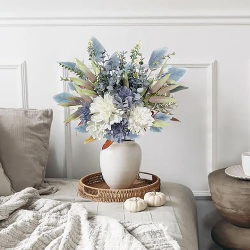 Aoztio Artificial Flowers Bouquet, Silk Flowers Blue Fake Flowers Arrangement Faux Flowers for Home Decor, Vase Arrangemen...