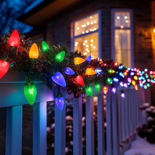 HGJ C7 60 LED Battery Operated Christmas Lights,Battery Powered Multicolor Waterproof Bulbs,21.3 FT 8 Modes with Auto On/O...