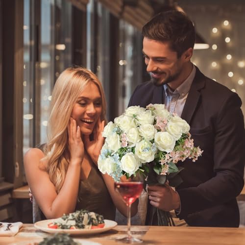 Luyue 40PCS White Roses Artificial Flowers - Long Stem Fake Roses Bouquet Silk White Flowers Artificial Rose for Wedding C...