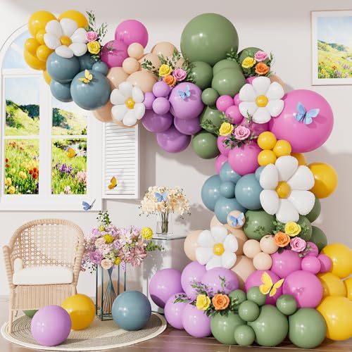 Daisy Balloon Arch Garland Kit, 152 Pcs Pastel WildFlower Balloons Arch Kit in Pink, Green, Purple, Blue, Yellow and Beige...