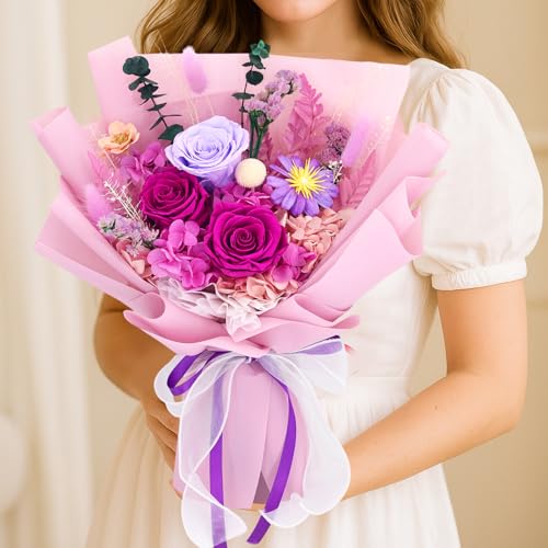 jabeick Preserved Flowers for Delivery, Purple Flowers Fresh Bouquet with Gift Box, Forever Eternal Rose for Her Mom Wife ...