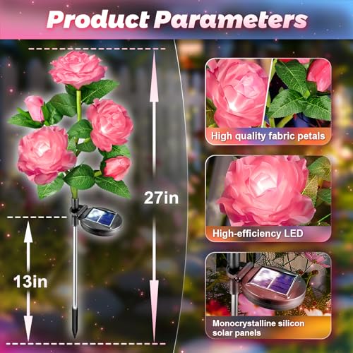 Anordsem Solar Garden Lights Outdoor: 10 Artificial Fabric Pink Roses Flowers 2 Pack- LED Flower Decorations for Cemetery ...