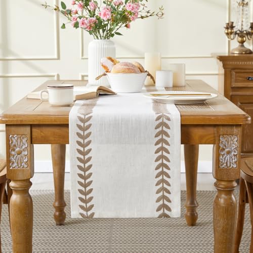 Aoztio Rustic Style Embroidered Table Runner, 13x72 Inch Irregular Willow Leaf Table Runners 72 Inches Long for Dresser De...