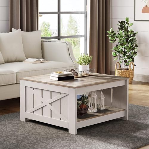 YITAHOME Coffee Table Farmhouse Coffee Table with Storage Rustic Wood Cocktail Table, Square Coffee Tables for Living Meet...