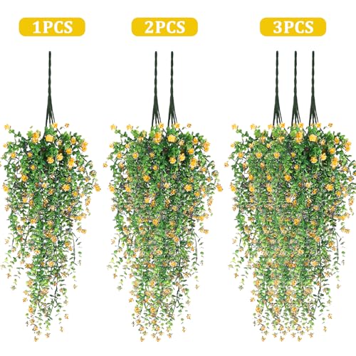 Artificial Hanging Flowers, 3 Pcs Fake Hanging Plants Artificial Vines for Outdoors, Fake Ivy Vine UV Resistant No Fade Fa...