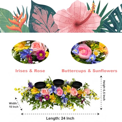 Lnymura Spring Summer Centerpiece with 3 Candle Holders, 24 Inch Colorful Artificial Wildflower Arrangement with Roses, Da...