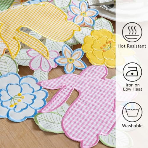 Joyfol Day Easter Checkered Bunny Table Runner, Cutwork Embroidered Plaid Rabbits Florals Table Runners, Spring Flowers Bu...