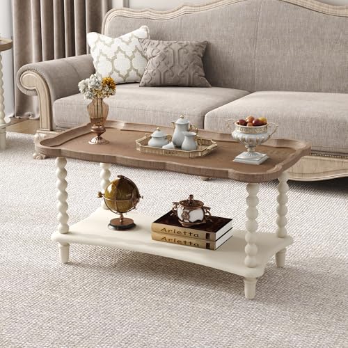 Function Home Farmhouse Coffee Table, Rustic White French Country Center Table with Storage Shelf, Wood Coffee Tables for ...