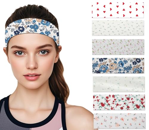 picheng Printed Floral Headbands for Women: 7 Pack Non Slip Soft Cotton Stretchy Sports Hair Bands for Workout Yoga Runnin...