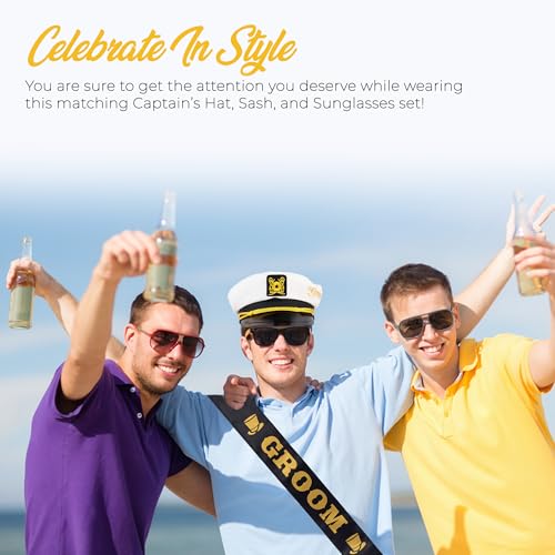 Bachelor Party Captain's Hat, Glasses, Sash Set - Groom To Be Accessories Set Includes Captain's Hat Groom Sunglasses Groo...