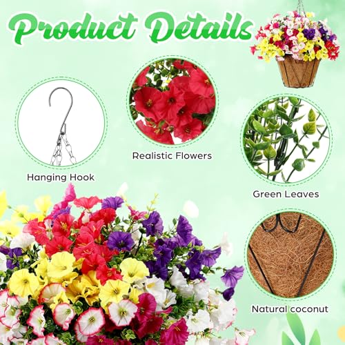 Suncalla 4 Sets Artificial Hanging Flowers with Basket, Faux Silk Colorful Morning Glory Flower Arrangement UV Resistant f...