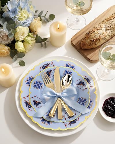 Morejoy 60Pcs Plastic Disposable Plates Set - Blue Plastic Plates Featuring Blue & Orange Floral Design With Gradient Gold...