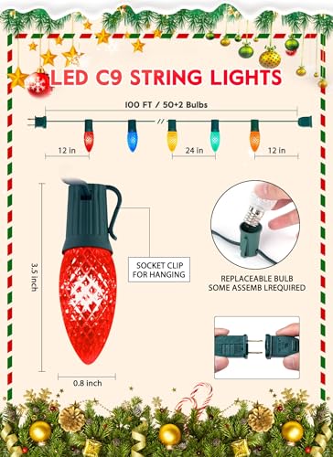 Brightown Outdoor Christmas Lights, 100 Ft LED Commercial String Lights With Multicolor Strawberry C9 Bulbs, Waterproof Co...