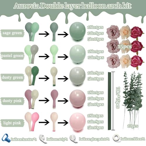 Pink Green Balloon Arch with Artificial Flowers Double Stuffed Dusty Light Pink Sage Green Balloon Garland Kit Eucalyptus ...