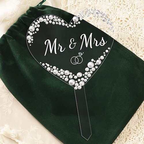 Coucoland Mr and Mrs Cake Topper - Heart Wedding Cake Decor with Rhinestones and Pearls for Engagement Bridal Anniversary