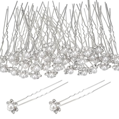 40 Pcs U-pin Metal Hair fork, Silver Pearls Rhinestone Hairpins, Pearl U Shape Rhinestone Flower Hairpins, Bridal Hair Pin...