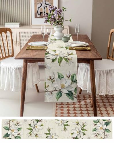 Vintage Floral Spring Table Runners 120 Inches Long, Rustic Botanical Table Runner Dresser Scarf, White Flower Farmhouse K...