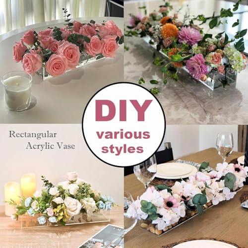 4Pcs Acrylic Flower Vase with 64 Holes,63 inch Decorative Long Clear Vase Modern,Rectangular Acrylic Vases Clear Floral Ce...