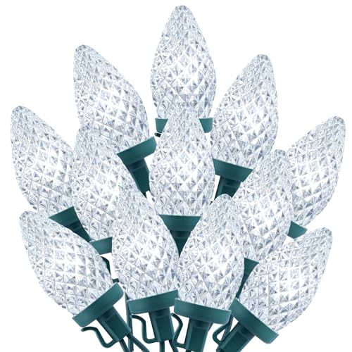 Brightown C9 Christmas String Lights White, 66ft 100 LED Faceted Christmas Lights on Green Wire, Plug-in Large Bulb Strawb...