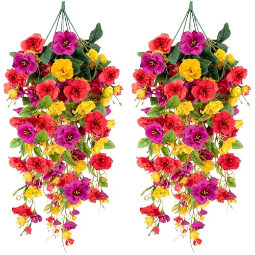 2 Pcs Fake Hibiscus Artificial Hanging Flowers, Mixed Colorful Silk Hibiscus Trailing Vines Spring Summer Long Red Yellow ...